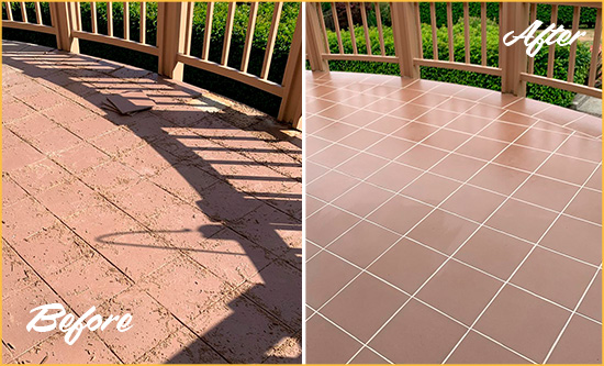 Before and After Picture of a Lofall Hard Surface Restoration Service on a Tiled Deck