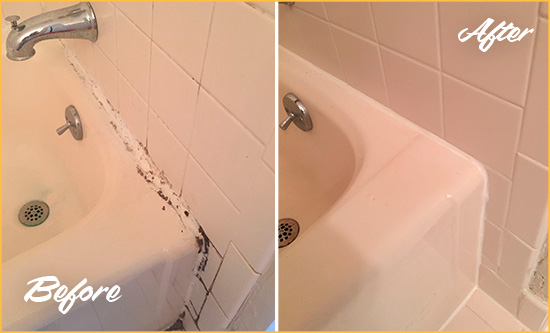 Before and After Picture of a White Center Hard Surface Restoration Service on a Tile Shower to Repair Damaged Caulking