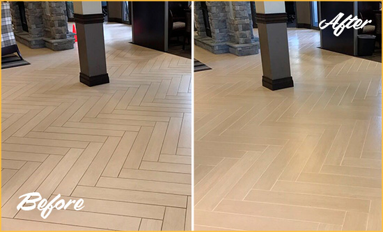 Before and After Picture of a Delphi Hard Surface Restoration Service on an Office Lobby Tile Floor to Remove Embedded Dirt