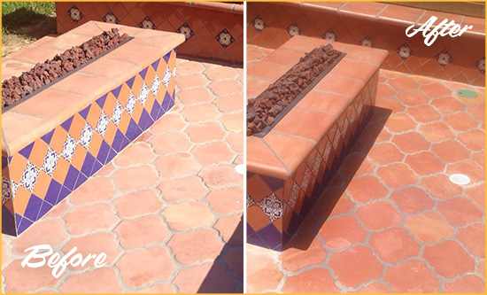 Before and After Picture of a Kariotis Hard Surface Restoration Service on a Dull Terracotta Patio Floor to Recover Its Color