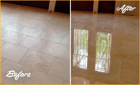 Before and After Picture of a Tanglewilde-Thompson Place Hard Surface Restoration Service on a Dull Travertine Floor Polished to Recover Its Splendor