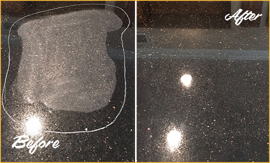 Before and After Picture of a Shore Acres Hard Surface Restoration Service on a Granite Countertop to Remove Scratches