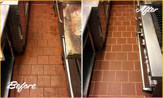 Before and After Picture of a Gate Hard Surface Restoration Service on a Restaurant Kitchen Floor to Eliminate Soil and Grease Build-Up