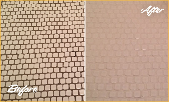 Before and After Picture of a Gilberton Hard Surface Restoration Service on a Bathroom Tile Floor Recolored to Fix Grout Color