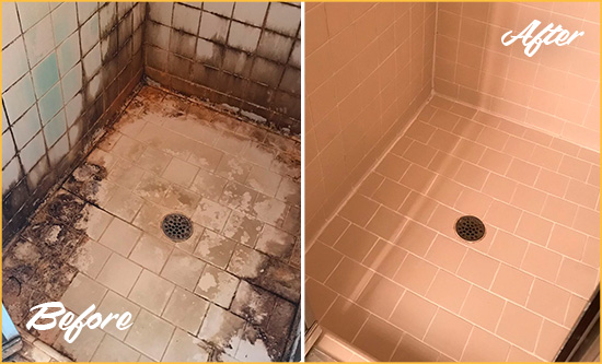 Before and After Picture of a Burley Hard Surface Restoration Service on a Tile Bathroom to Repair Water Damage